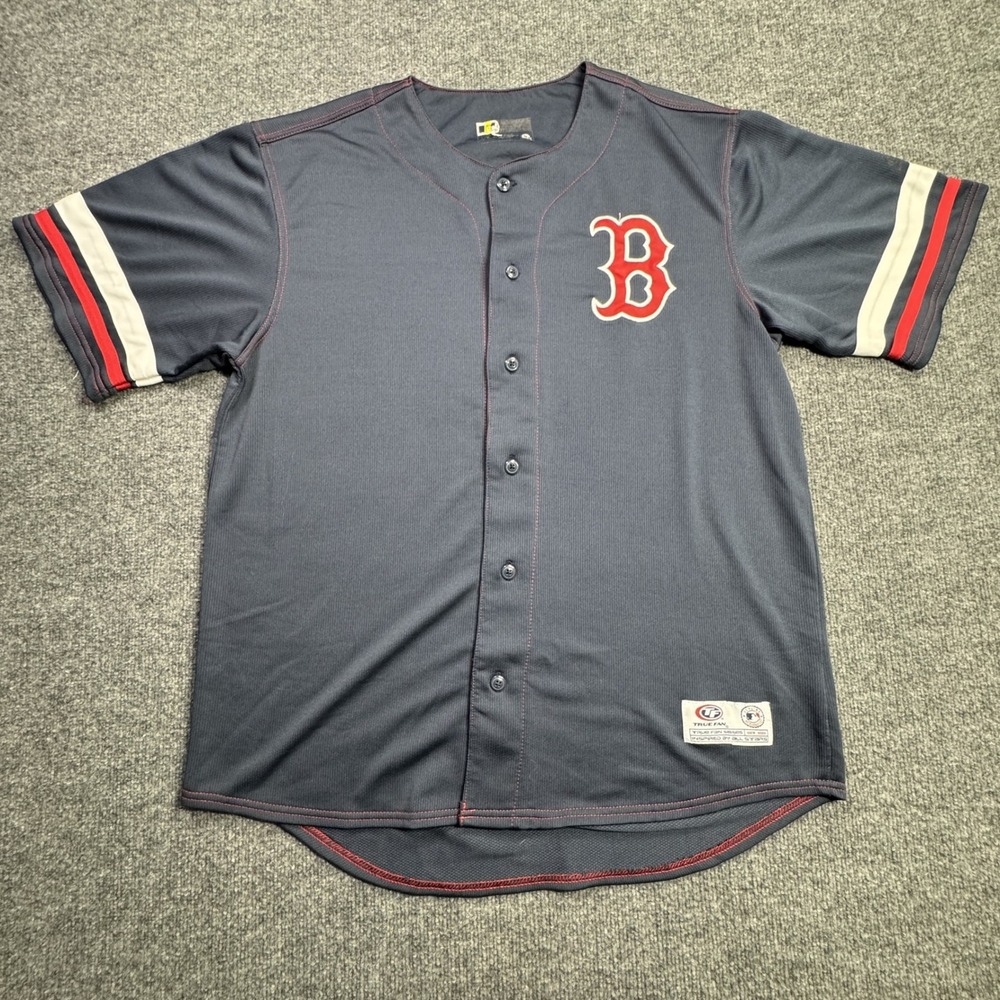 Boston Red Sox True Fan Baseball Jersey Mens Large Navy Blue Button Up